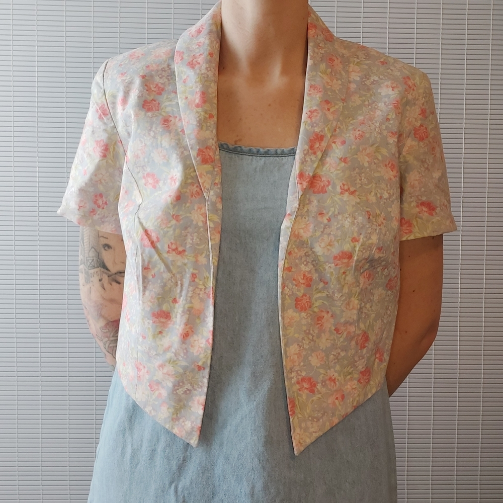 Vintage Bolero Jacket Short Sleeve Open Front Floral Cotton Laura Ashley